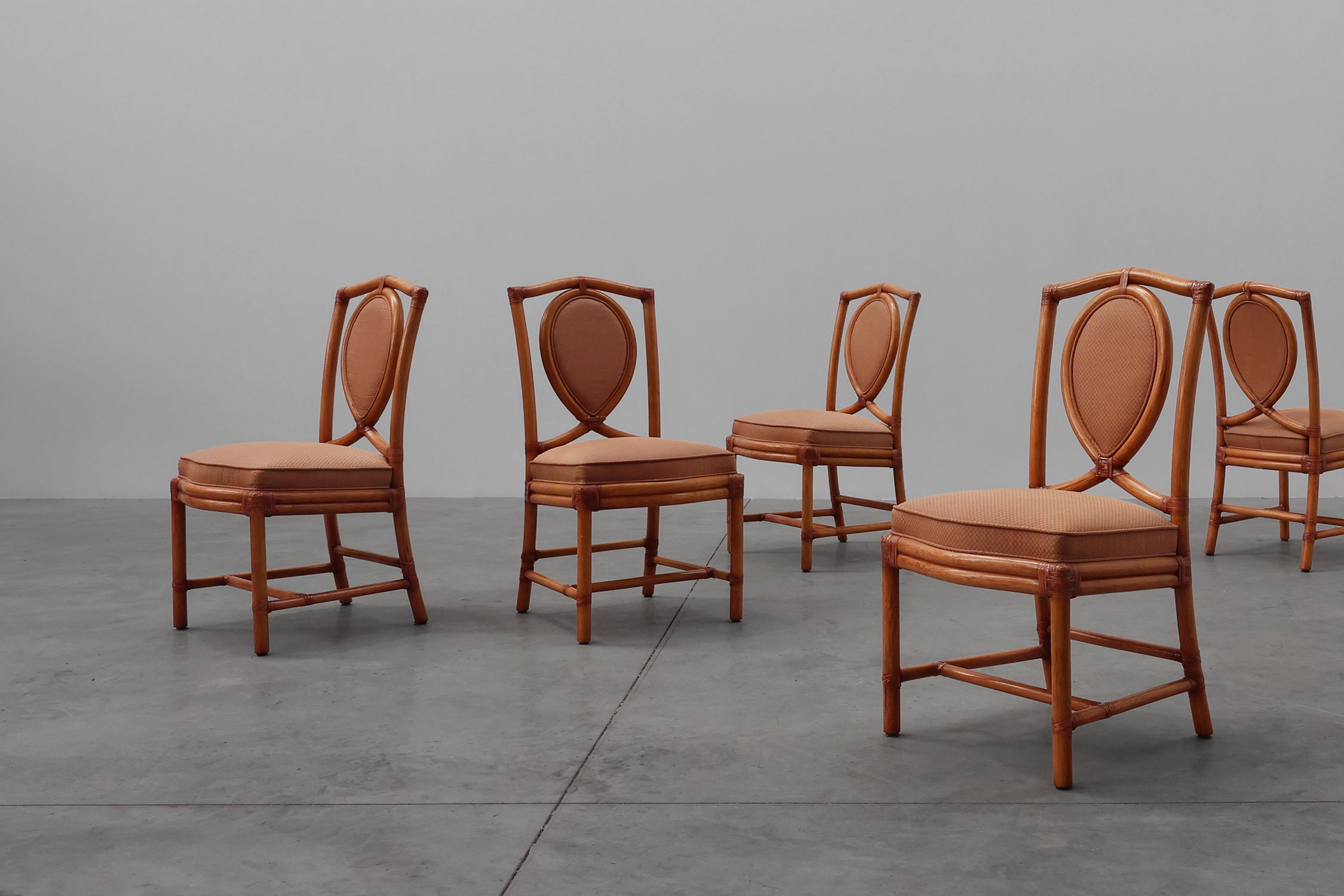 Set of 6 bamboo dining room chairs with geometric upholstery by Gasparucci, Italy 1980sthumbnail